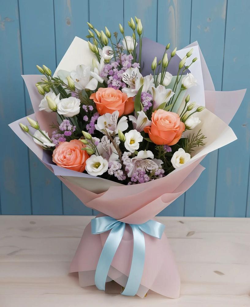 Букет цветов из: Лизиантусы, Розы, Альстромерии и Гипсофила в Виля