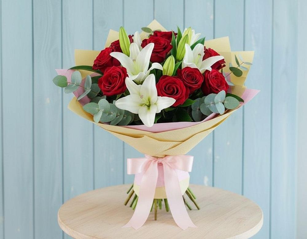 Букет цветов из: Лилии и Розы в Виля