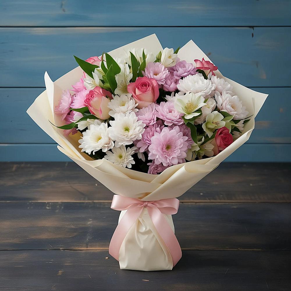 Букет цветов из: Хризантемы, Альстромерии и Розы в Виля